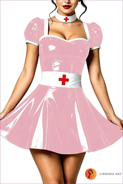 Nurse Costume with Puff Sleeves and Matching Choker - Playful Fantasy