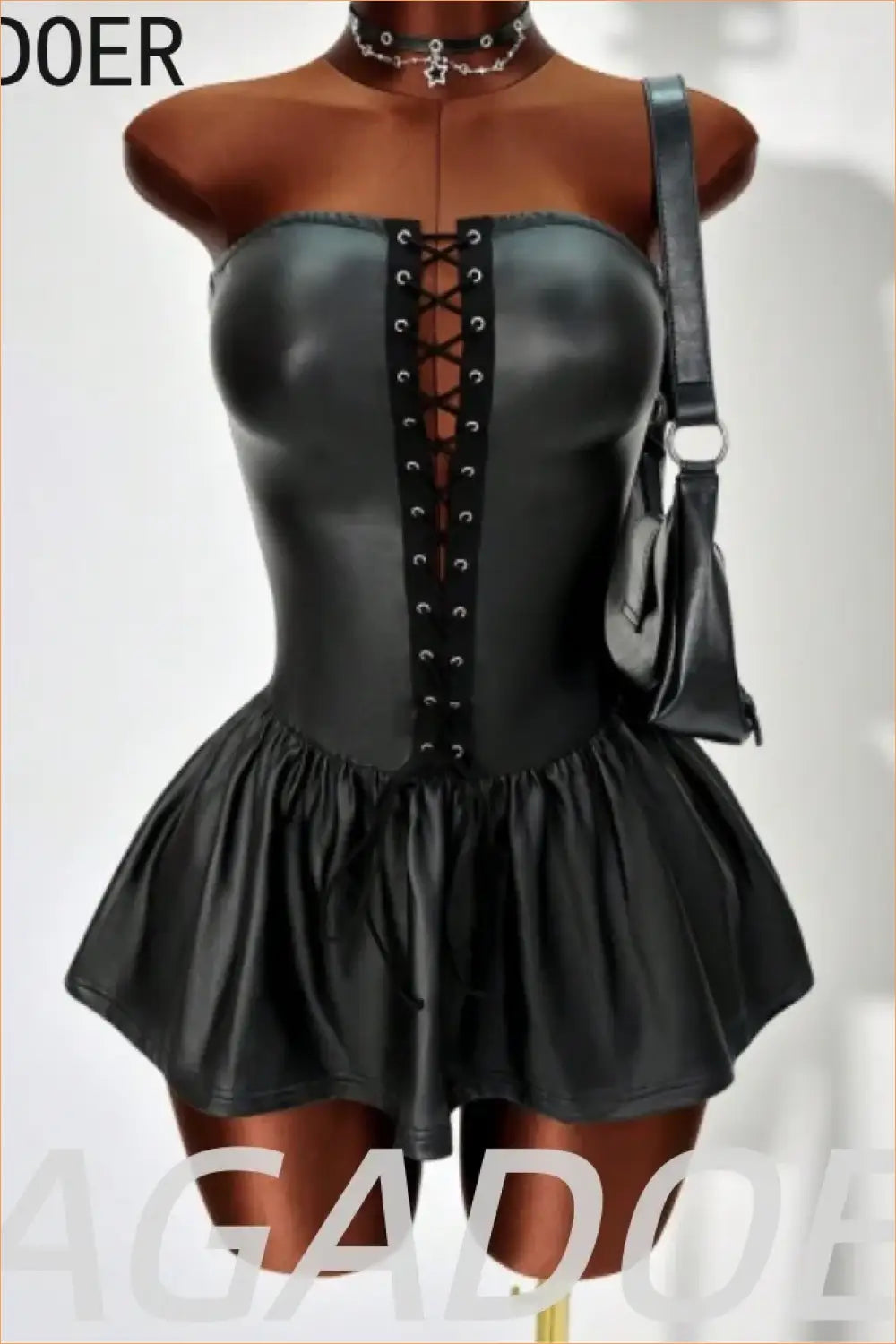 Black Faux Leather Lace-Up Corset Mini Dress