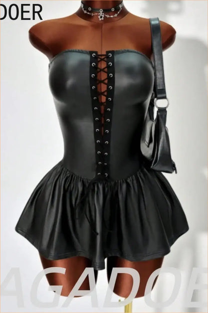 Black Faux Leather Lace-Up Corset Mini Dress
