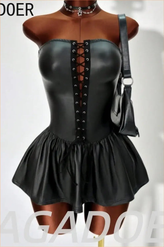 Black Faux Leather Lace-Up Corset Mini Dress