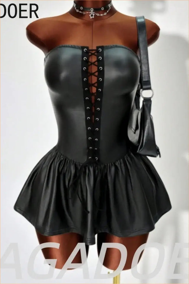 Black Faux Leather Lace-Up Corset Mini Dress