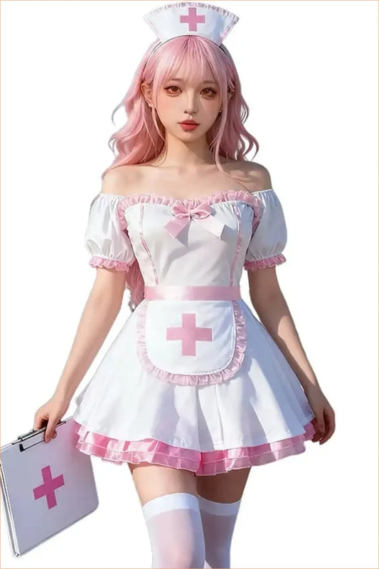 Off-Shoulder Nurse Costume Dress with Apron and Cap