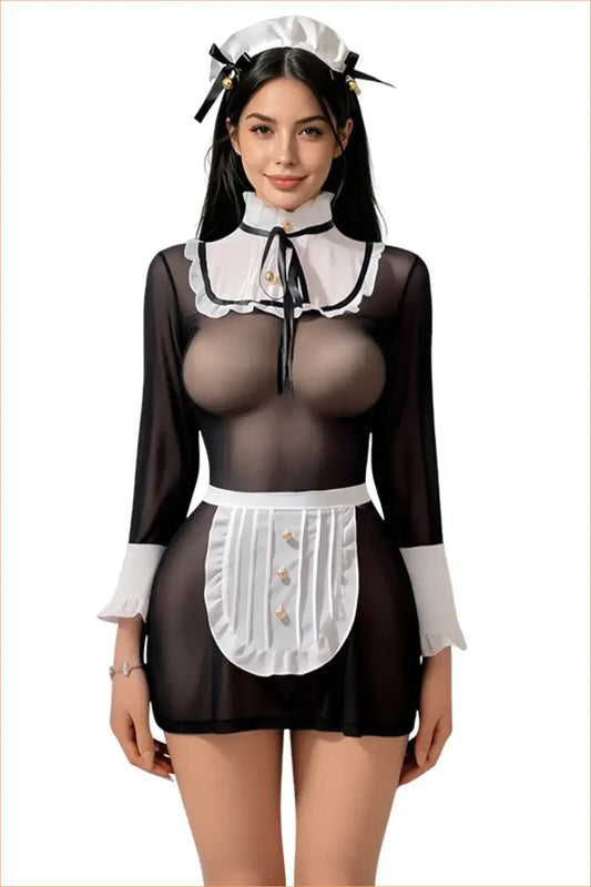 Sheer Maid Costume Dress with Apron, Ruffle Collar and Cap
