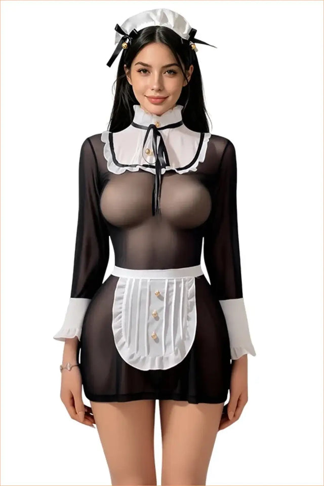 Sheer Maid Costume Dress with Apron, Ruffle Collar and Cap