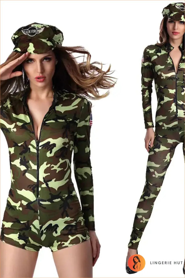 Camo Army Jumpsuit Costume with Zip Front & Matching Cap