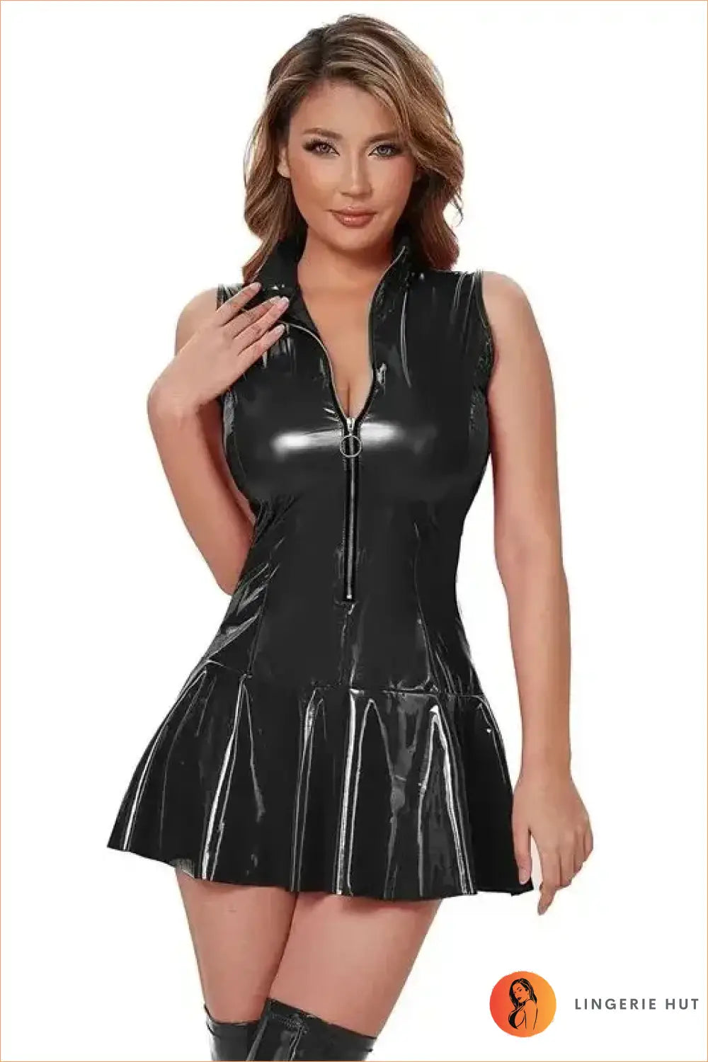 Red Wet-Look Zip-Front Skater Mini Dress