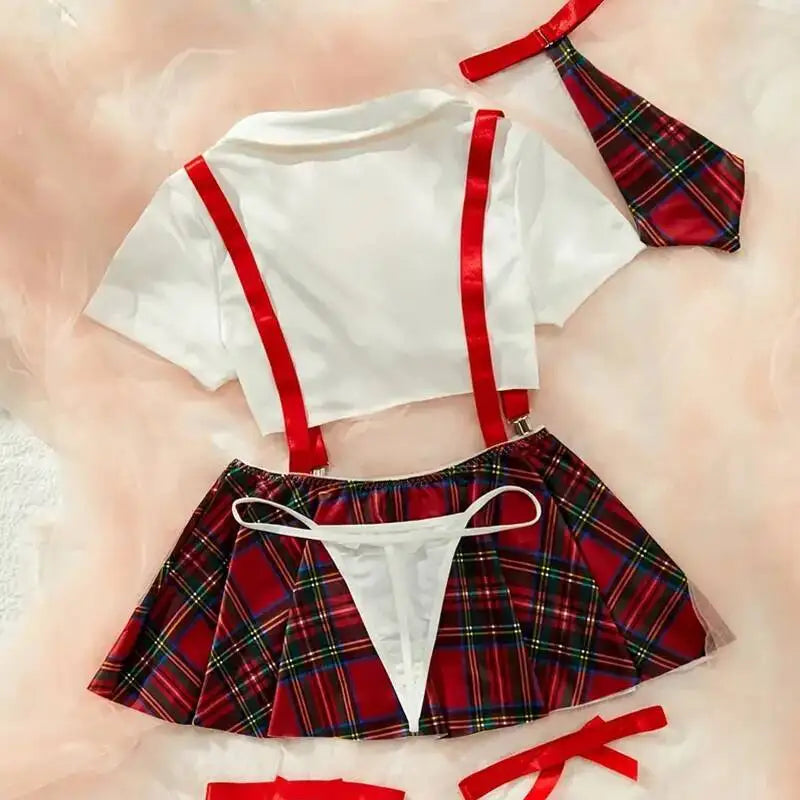 Tie-Front Crop Shirt with Plaid Mini Skirt and Suspenders