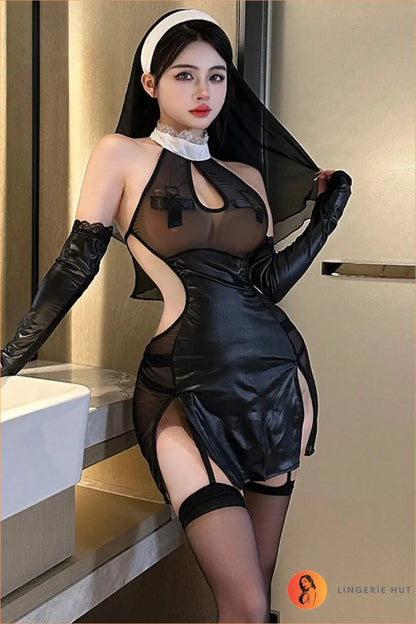 Gothic Nun Costume Set with Faux Leather Top, Mini Skirt and Gloves