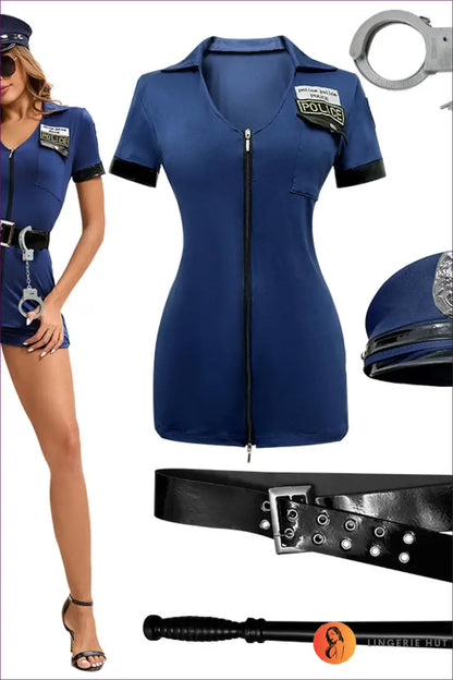 Zip-Front Police Costume Romper with Belt Detail - Commanding Presence