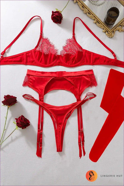 Satin Bra Set with Lace Cups and Garter Belt - Private Luxury