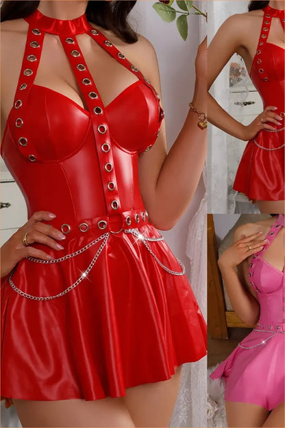 Red Chain-Belt Grommet Mini Dress