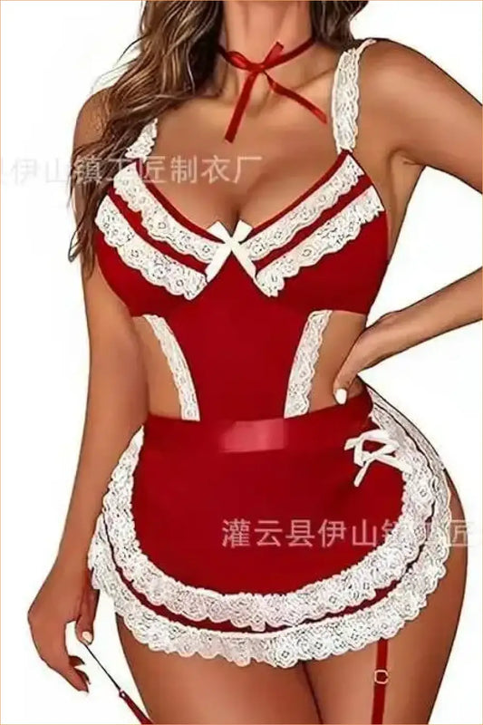 Red Lace Maid Costume with Apron and Bow Choker