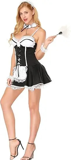 French Maid Dress with Lace-Up Bodice, Apron and Cuffs
