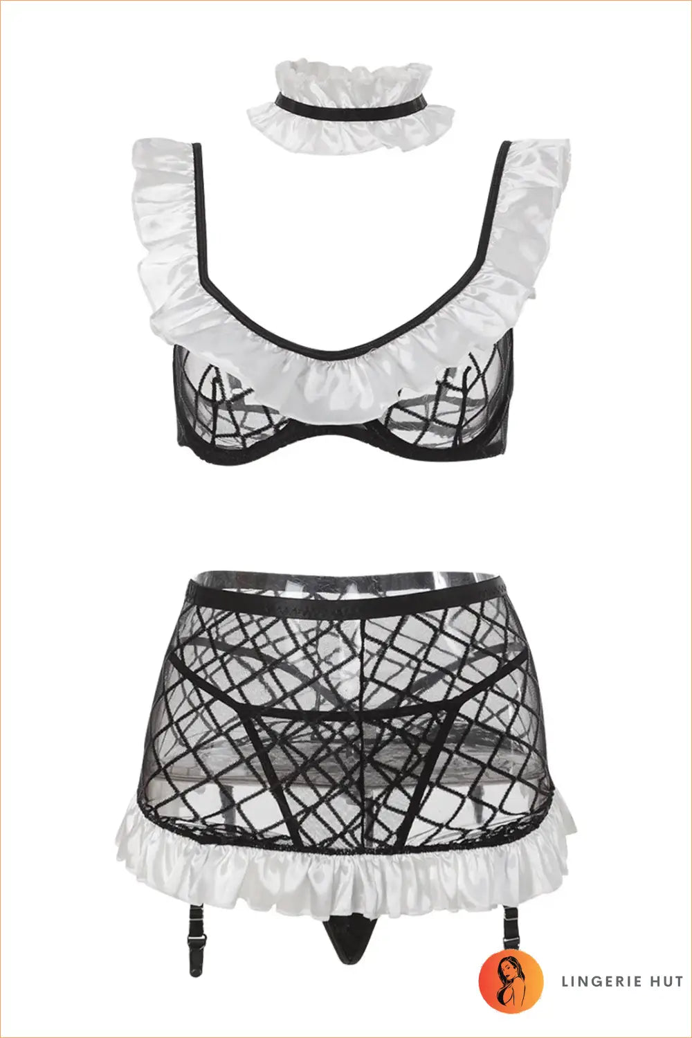 French Maid Lingerie Set with Diamond Fishnet Bra and Suspender Skirt