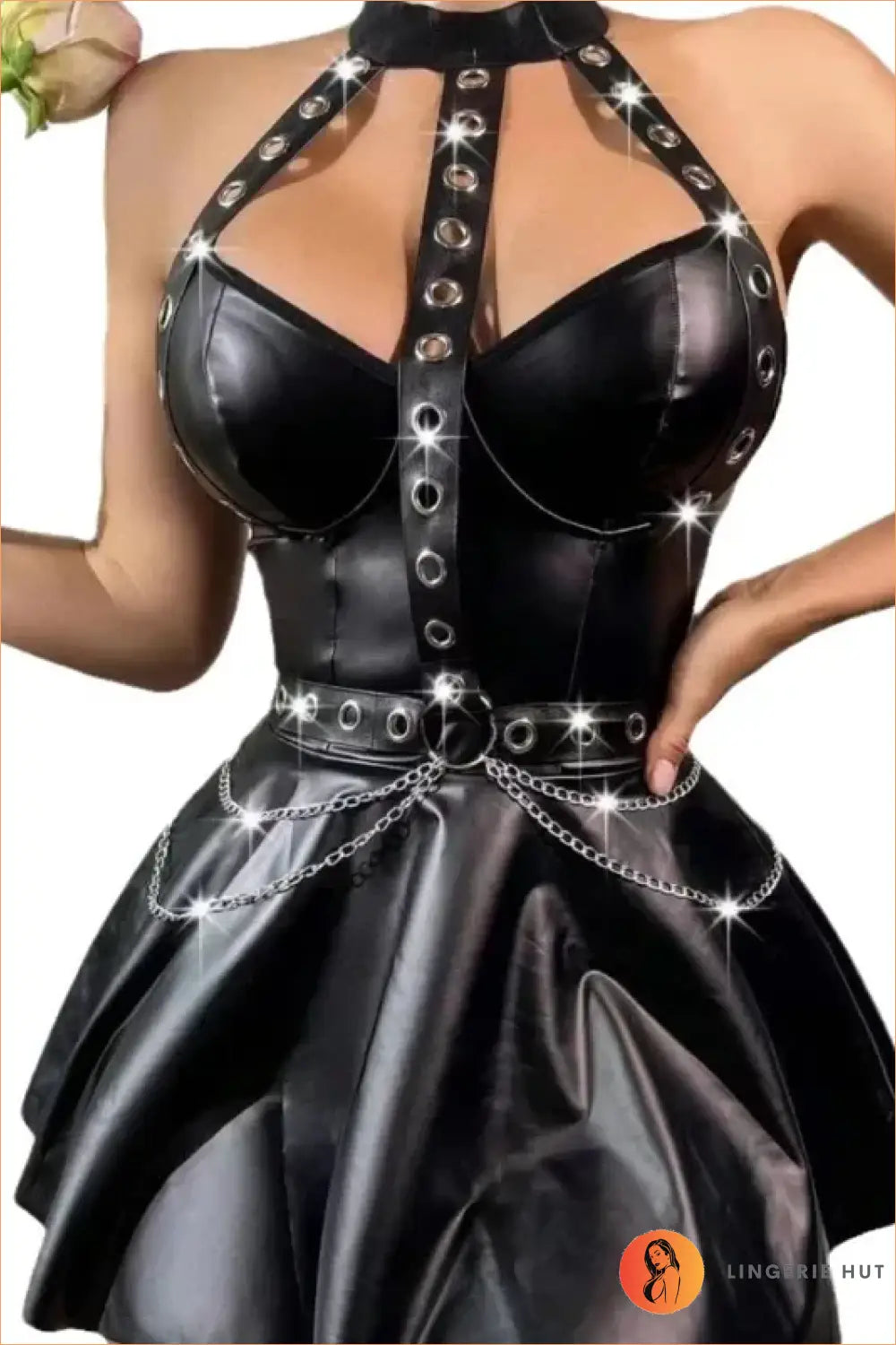 Black Leather-Look Cage Harness Mini Dress