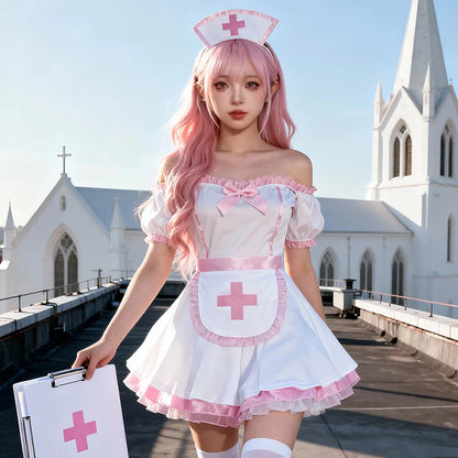 Off-Shoulder Nurse Costume Dress with Apron and Cap