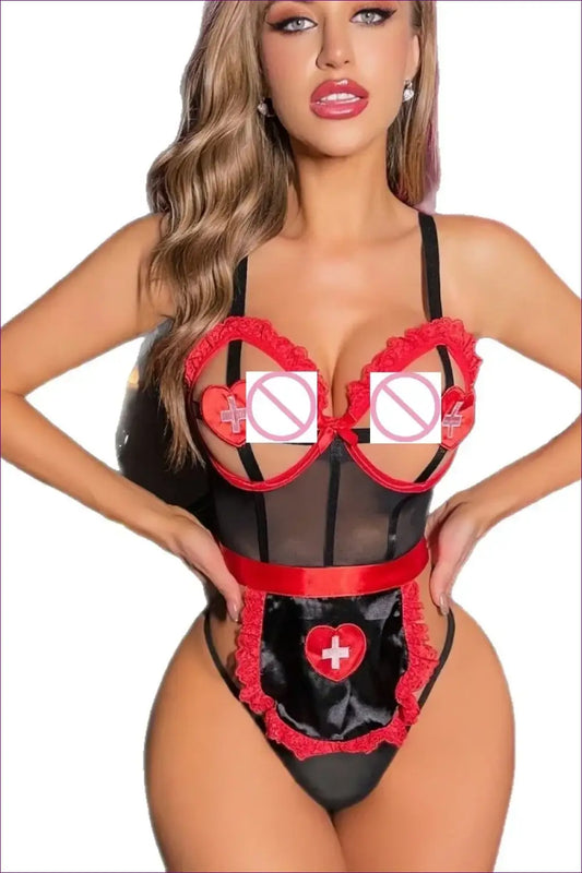 Nurse Costume with Mesh Bodysuit and Mini Apron - Playful Fantasy