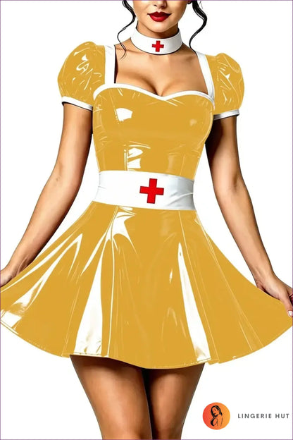 Nurse Costume with Puff Sleeves and Matching Choker - Playful Fantasy