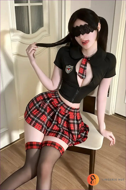Sexy Schoolgirl Costume with Zip Crop Top - Playful Fantasy