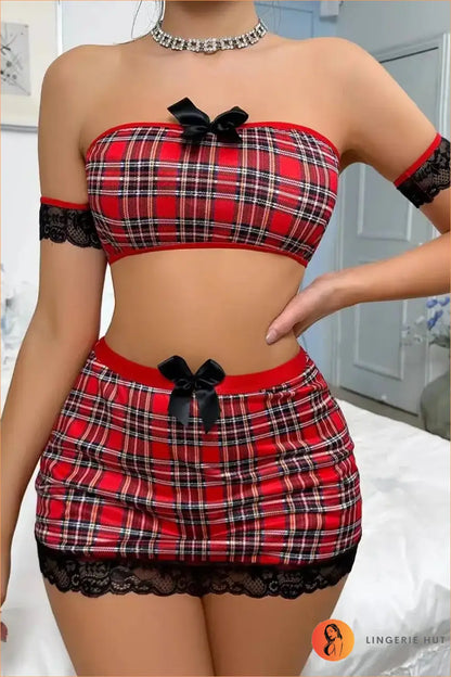 Red Tartan Schoolgirl Costume Set with Lace Arm Cuffs