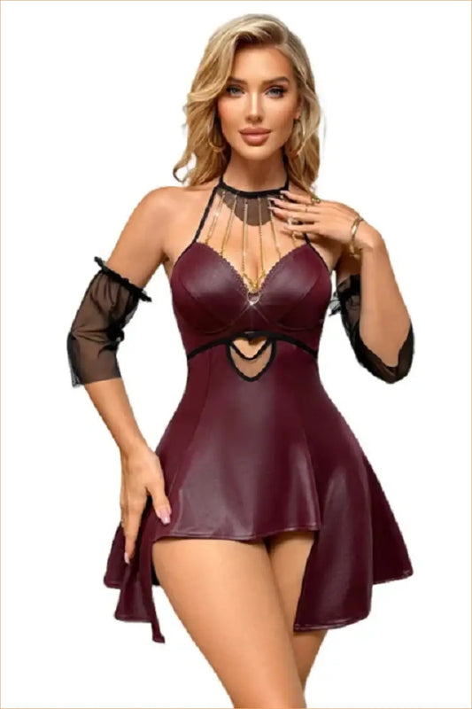 Burgundy Chain-Drape Halter Dress