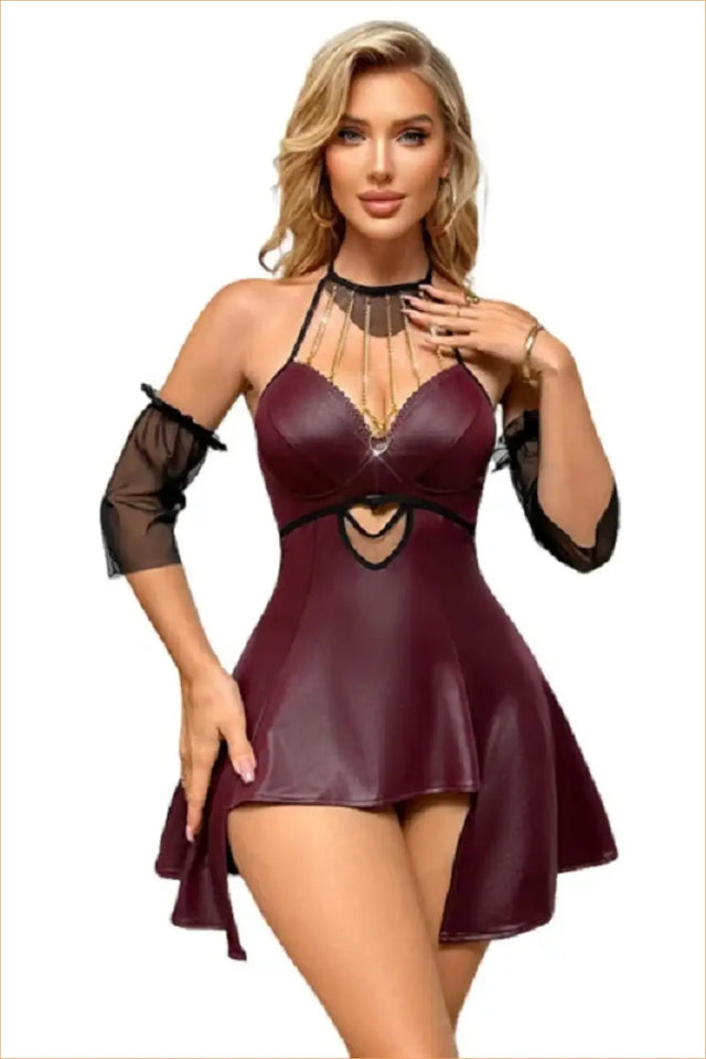 Burgundy Chain-Drape Halter Dress
