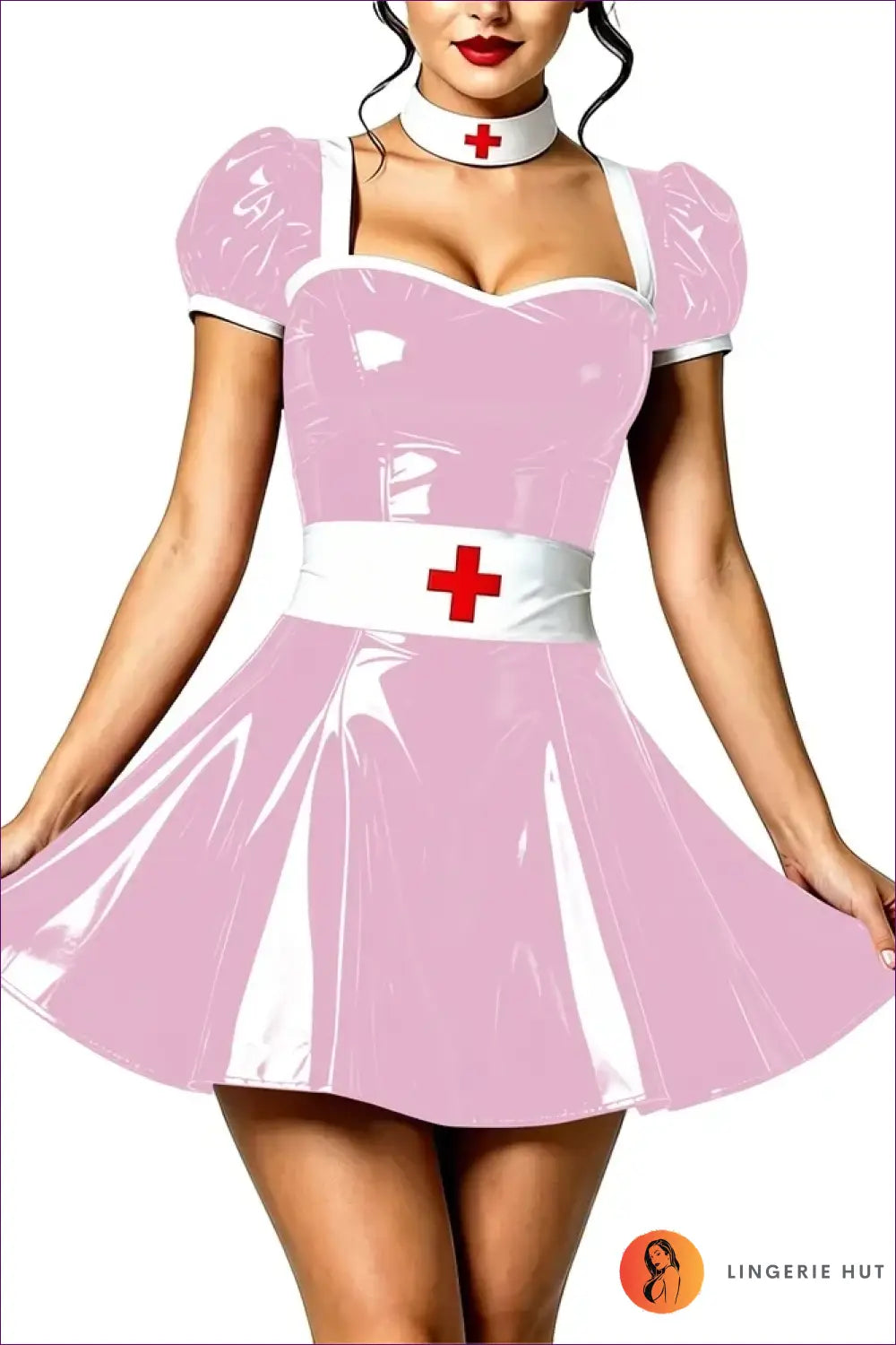 Nurse Costume with Puff Sleeves and Matching Choker - Playful Fantasy