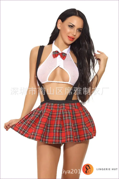 Plaid Tie Collar Costume Set with Bow Bralette - Sweet Mischief
