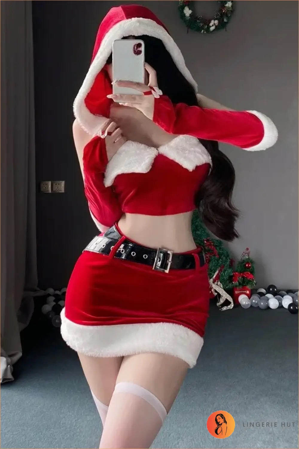 Santa Costume Set with Red Crop Top, Fur-Trim Mini Skirt and Belt
