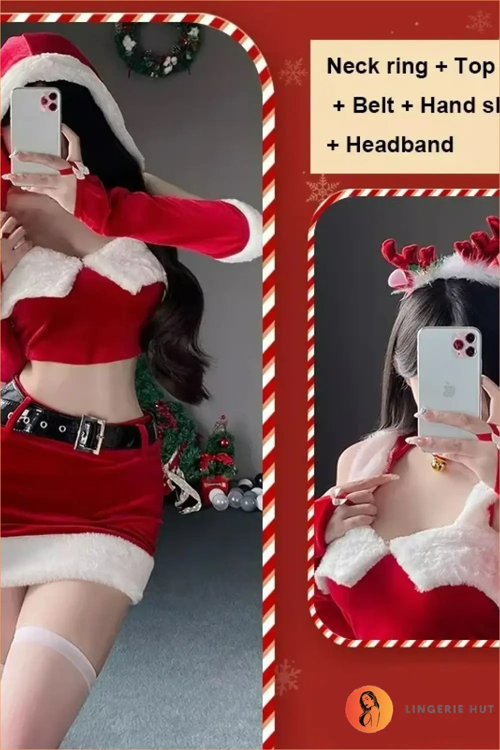 Santa Costume Set with Red Crop Top, Fur-Trim Mini Skirt and Belt