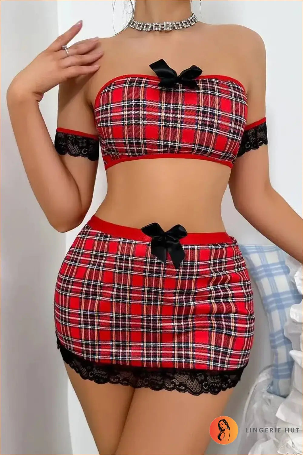Red Tartan Schoolgirl Costume Set with Lace Arm Cuffs