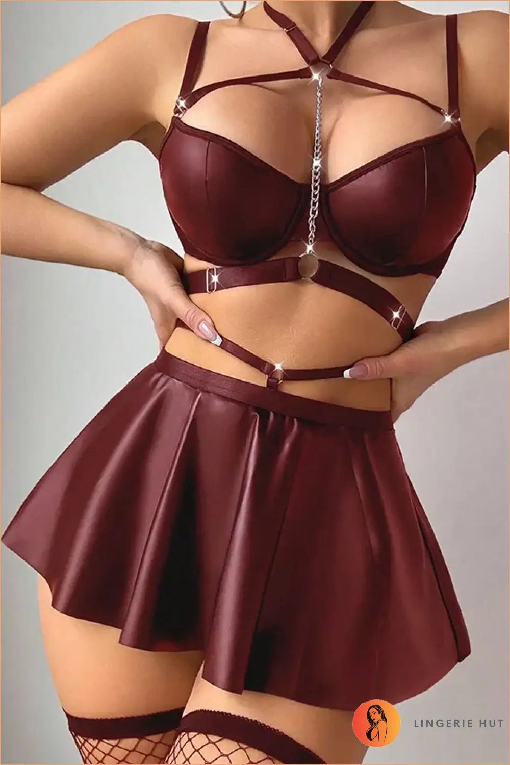 Black Chained Harness Bra and Flared Skirt Set