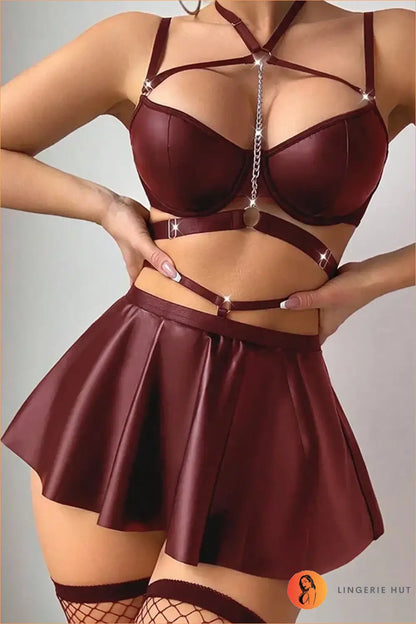 Black Chained Harness Bra and Flared Skirt Set