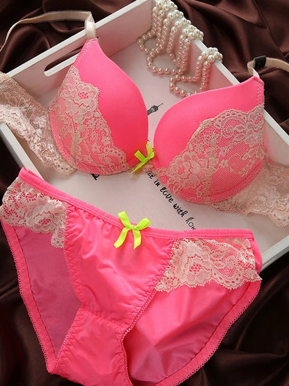 Lace Overlay Bra and Brief Set with Centre Bow