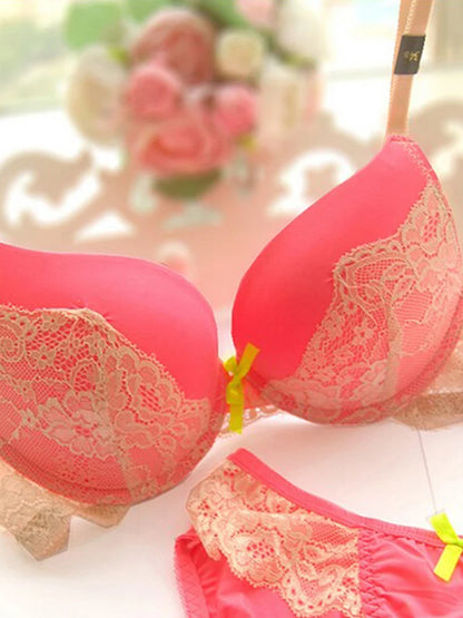 Lace Overlay Bra and Brief Set with Centre Bow