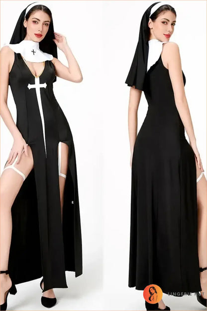 Sexy Nun Costume Dress with Deep V-Neck, Cross Detail and Side Slits
