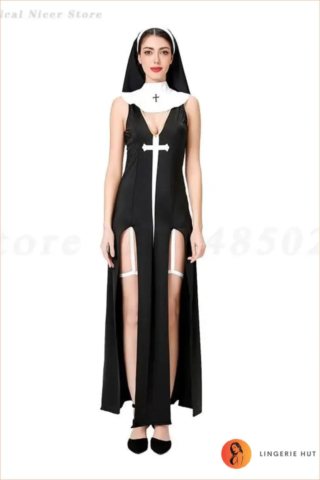 Sexy Nun Costume Dress with Deep V-Neck, Cross Detail and Side Slits