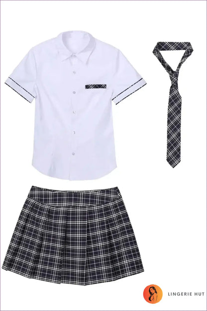 Schoolgirl Uniform Set with Plaid Pocket Trim - Playful Charm