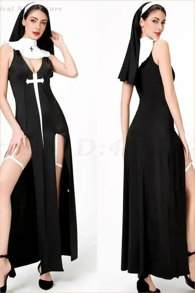 Sexy Nun Costume Dress with Deep V-Neck, Cross Detail and Side Slits