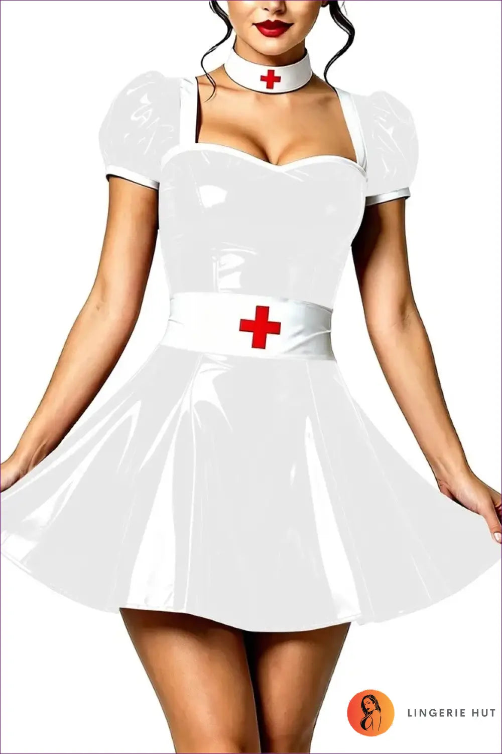 Nurse Costume with Puff Sleeves and Matching Choker - Playful Fantasy