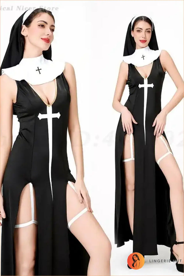 Sexy Nun Costume Dress with Deep V-Neck, Cross Detail and Side Slits
