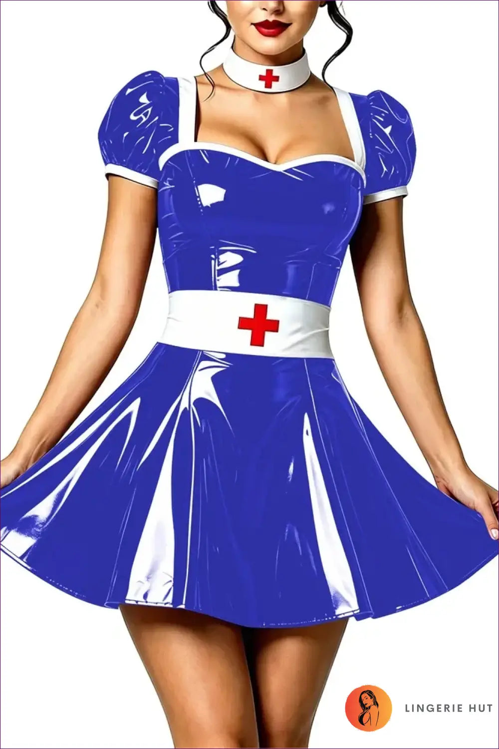 Nurse Costume with Puff Sleeves and Matching Choker - Playful Fantasy