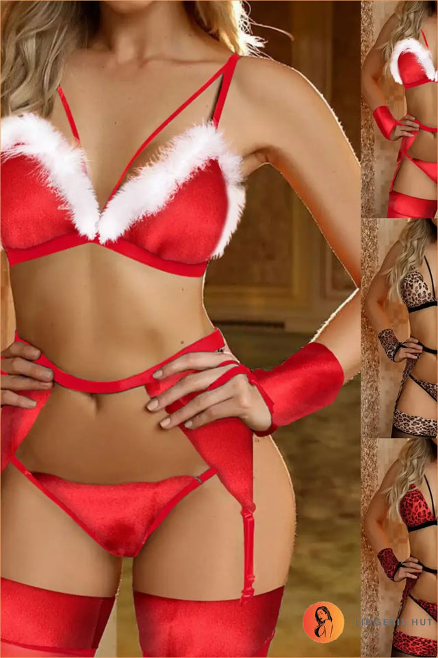 Santa Costume Lingerie Set with Fluffy Trim