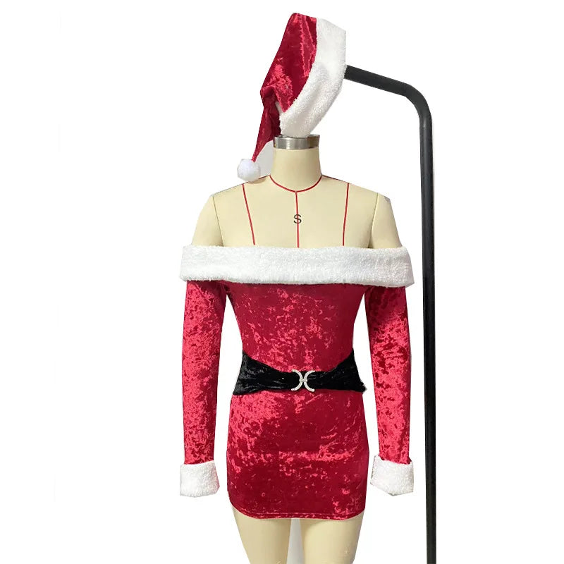Velvet Off-shoulder Santa Dress - Winter Elegance Festive Charm