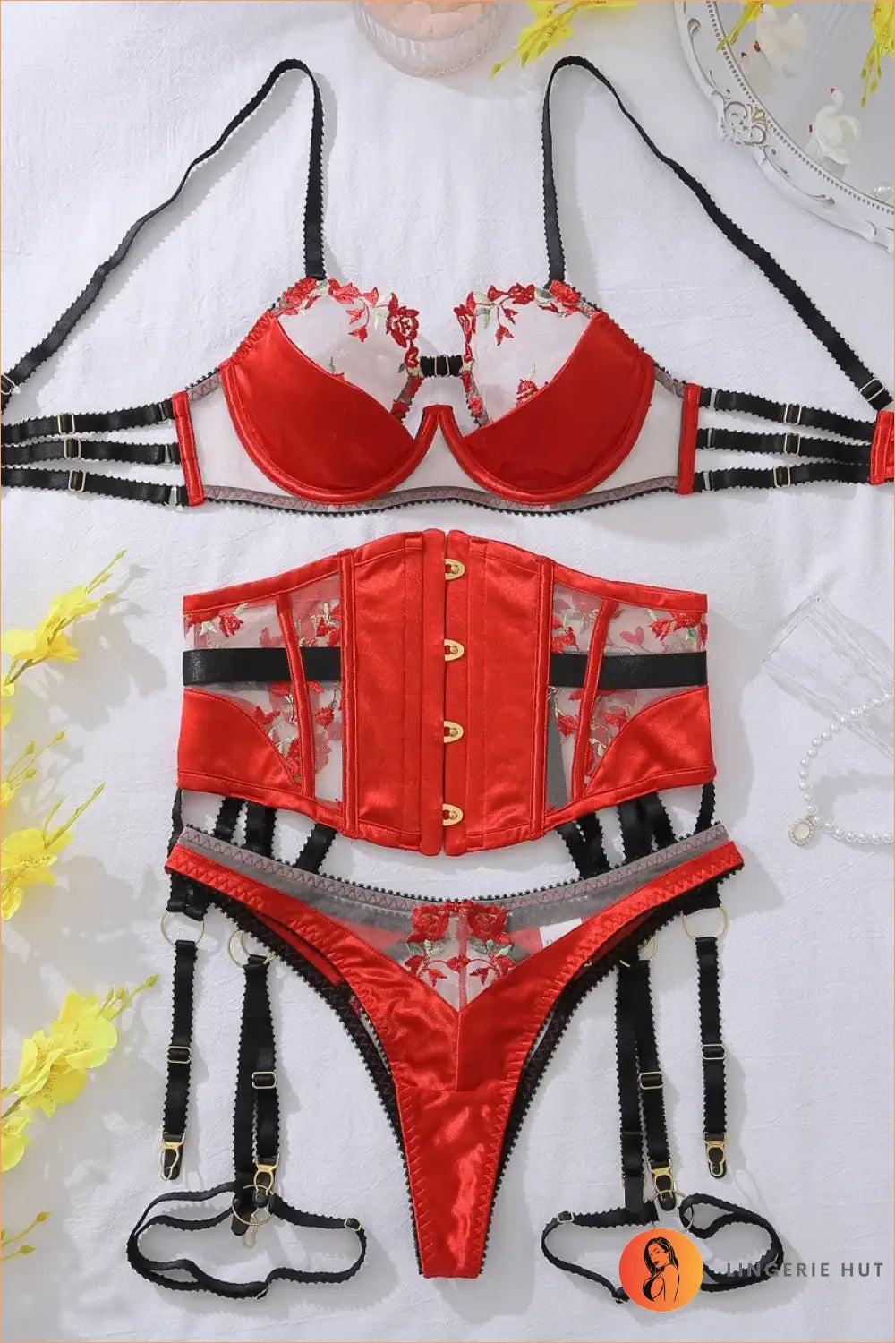 Red Rose Embroidered Corset Garter Set