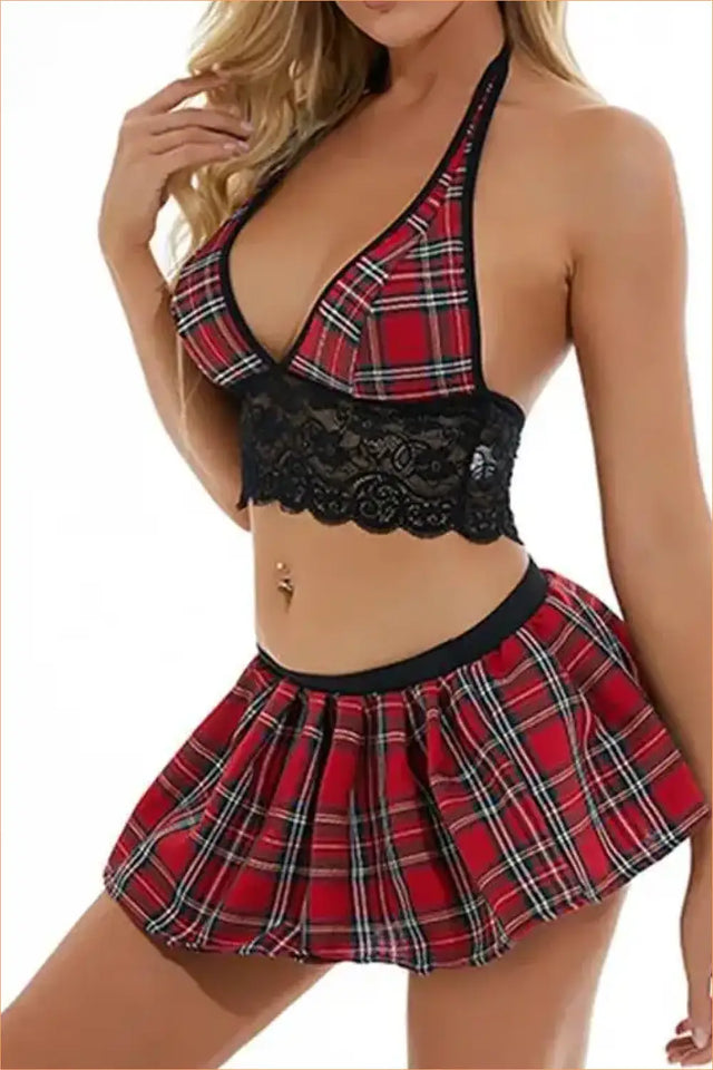 Red Tartan Schoolgirl Costume Set with Lace Trim