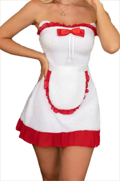 Fluffy White Maid Roleplay Costume with Red Ruffle Trim