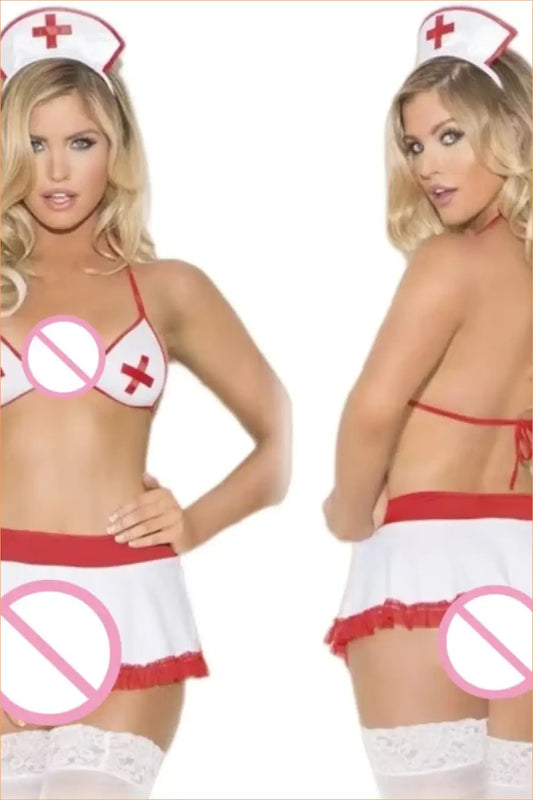 Nurse Costume Halter Bra and Mini Skirt Set with Cap