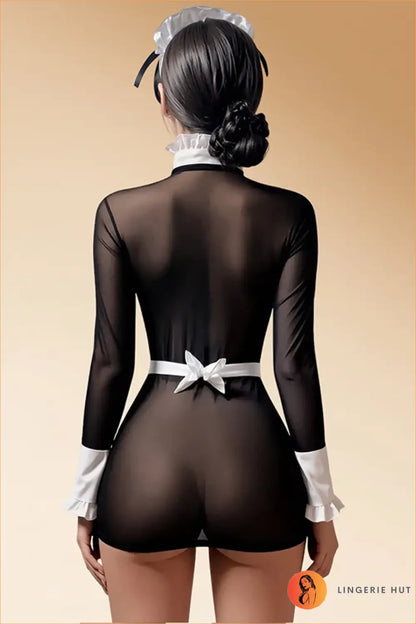 Sheer Maid Costume Dress with Apron, Ruffle Collar and Cap