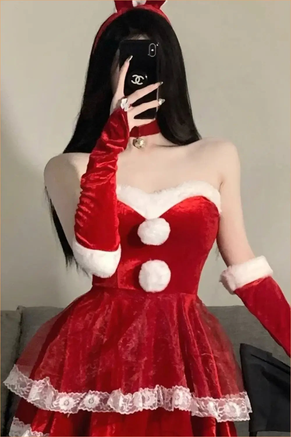 Santa Bunny Christmas Costume with Fur Trim and Pom-Poms